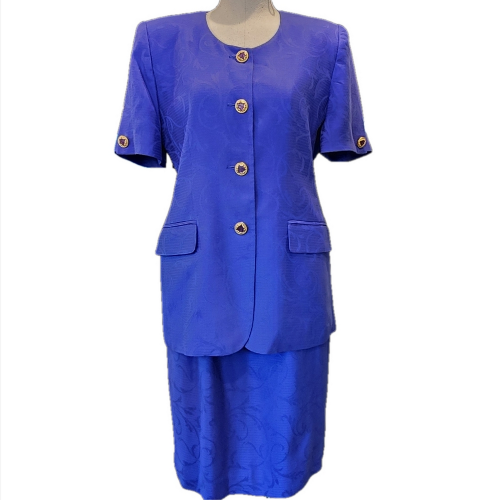 AMANDA SMITH Elegant Blue W/ EMBOSSED PRINT Skirt Suit